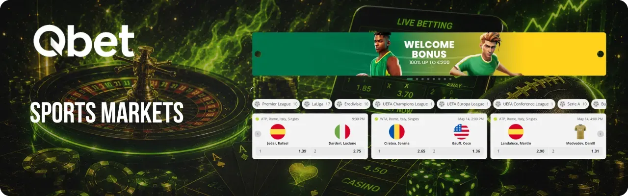 Sports Markets at Qbet Casino including Football, Tennis, Basketball and Cricket